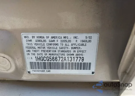 2002 Honda Accord 2.3 Ex из США, поврежденный, VIN 1HGCG56672A131779